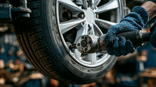 Mechanic using a pneumatic impact wrench to tighten lug nuts on a car tire in a workshop.