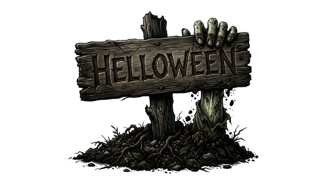 A spooky wooden sign rising from the grave wishing everyone a very happy halloween night celebration design