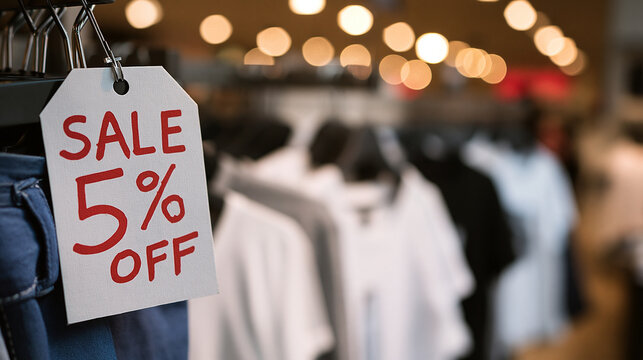 A white price tag with 5 percent off handwritten in red hangs on a clothing rack in a boutique.
