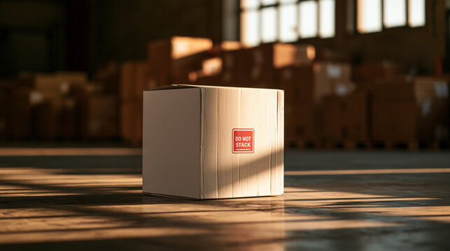 A cardboard box with a do not stack warning label stands on a warehouse floor under warm sunlight.