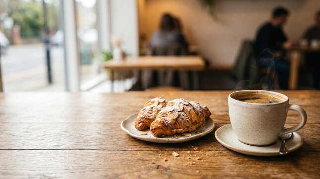 Steaming coffee and fresh pastries create a warm and inviting cafe lifestyle scene.