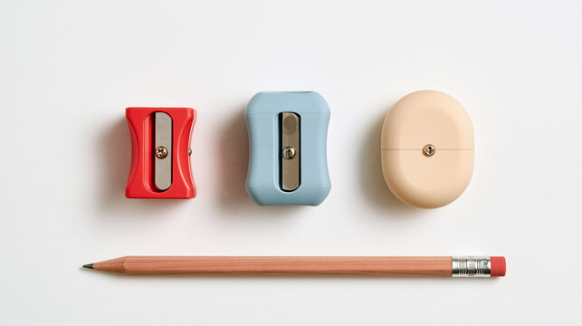 Three colorful pencil sharpeners of different shapes are aligned in a row above a wooden pencil isolated on white background.