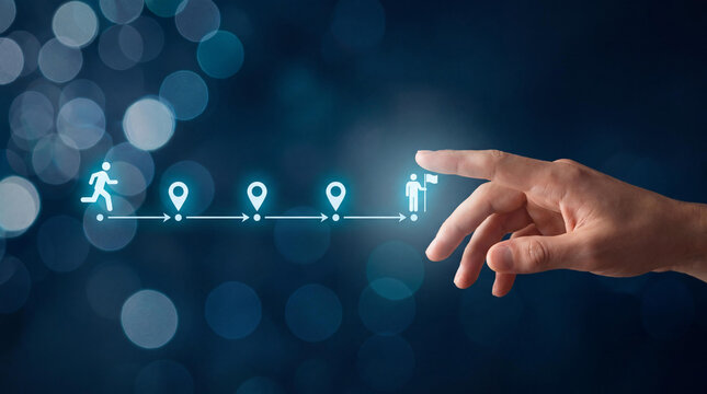 Customer journey map concept with hand pointing to goal, user experience path and milestone tracking, business strategy planning