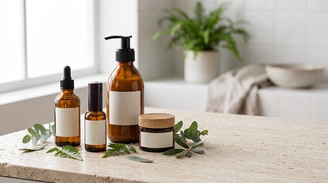 Amber skincare bottles and fresh botanical leaves arranged naturally on a neutral stone surface.
