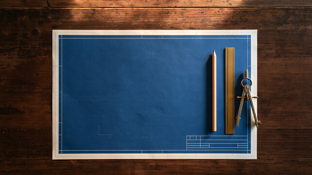 An architectural blueprint lies flat on a dark wooden drafting table alongside vintage drafting tools like a compass and ruler.