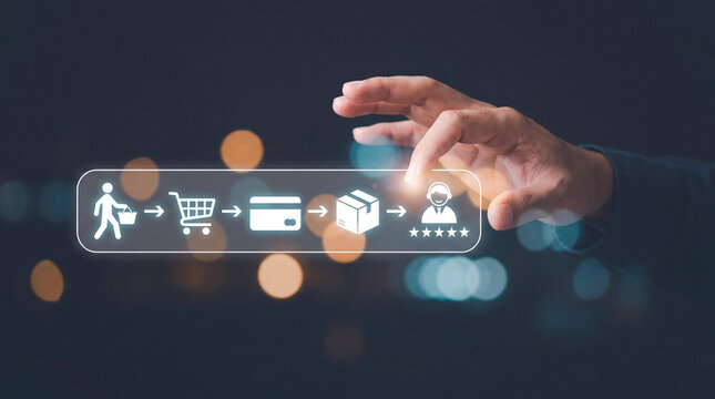 E-commerce customer journey concept, digital shopping process with virtual icons, businessman hand touching online retail workflow