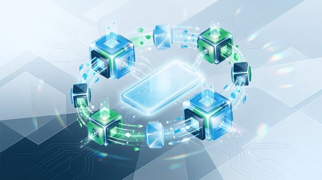 Blockchain technology digital cubes glowing blue green decentralization apps