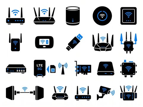 Collection of diverse wireless internet routers and network devices represented as flat icons.