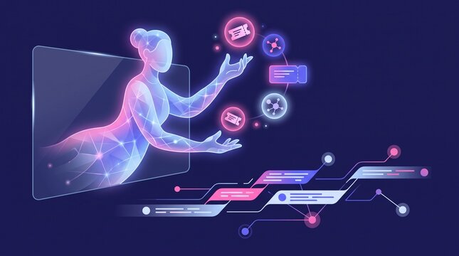 Virtual avatar interface hologram hand holding digital tickets smart assets