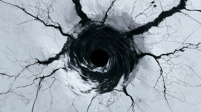A dark swirling vortex surrounded by fractured ice creates a dramatic abyss.