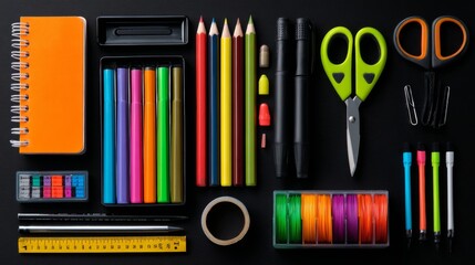 Fototapeta premium School supplies on black background, back to school concept with colorful stationery, pencils, notebooks, pens, rulers and classroom essentials arranged in a flat lay composition for education, learni