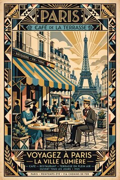 Vintage 1920s Paris Cafe de la Terrasse Art Deco Travel Poster with Eiffel Tower 