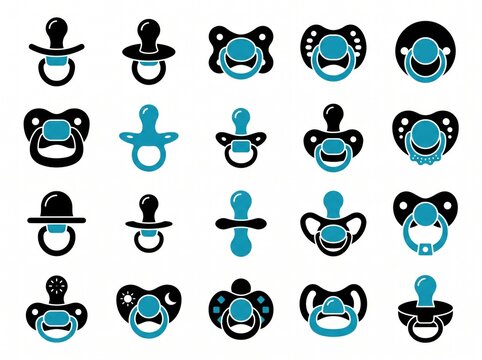 Assortment of baby pacifiers in black and blue with different shapes.
