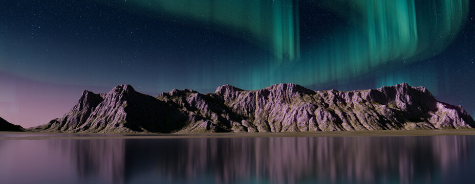 Rocky Landscape with Aurora Borealis. Green Sky Background with copy-space.