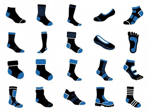 Assortment of blue and black socks for men and women in various styles and lengths for everyday wear.