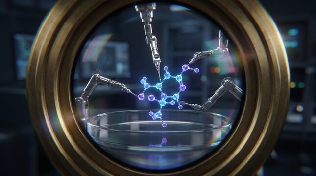 Advanced molecular structure being manipulated by robotic arms in a scientific laboratory setting, science research concept