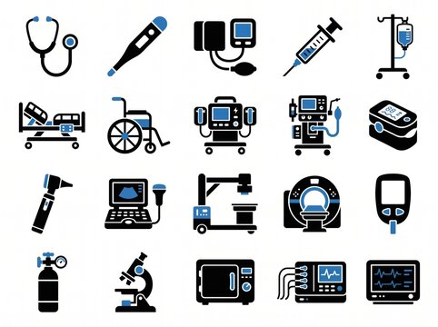 Assortment of medical instruments and devices depicted as flat icons in blue and black on white.