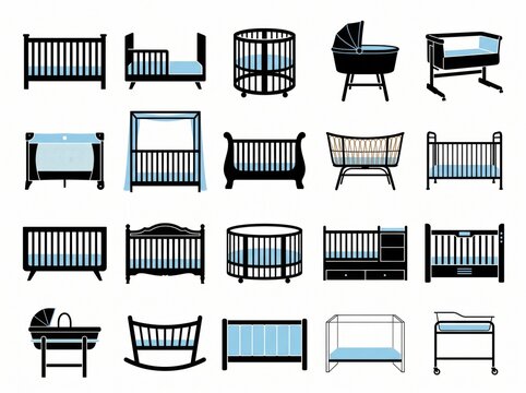 Baby crib and cot icon set with black and blue illustrations for nursery furniture and infant sleeping solutions.