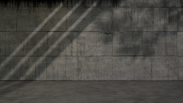 Empty Weathered Concrete Panel Wall and Cracked Asphalt Floor in Bright Sunshine Outdoor Area Composition with Partial Shade. Construction Concept with copy-space.