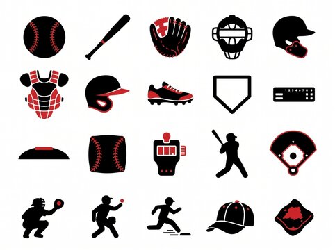 Baseball sport equipment icons with red accents for player gear and game branding.