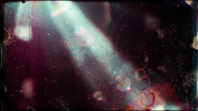 Aged 16mm film texture with chemical spotting and heavy grain with faded vintage cyan and magenta tones, cinematic visual effect for vintage cinematic