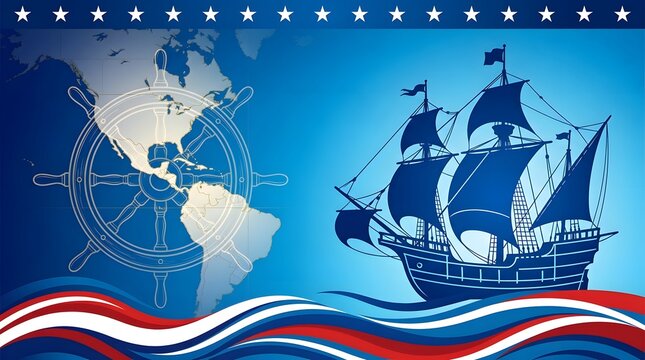 Columbus day background with a ship silhouette, a ship wheel, and a map of the americas