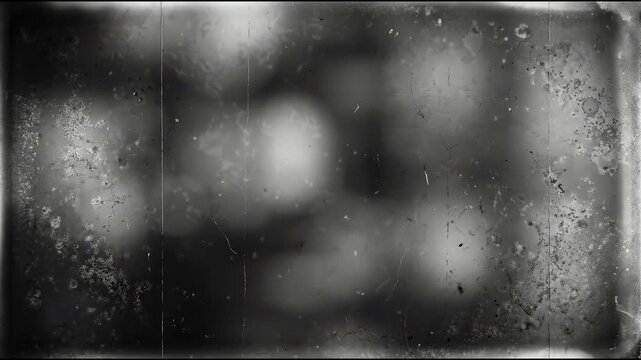 Aged 16mm film texture with chemical spotting and heavy grain with pure monochromatic grayscale palette, cinematic visual effect for vintage cinematic