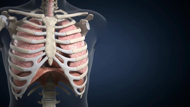 3D medical animation video of the human respiratory system showing lungs inside the rib cage on a dark blue background.