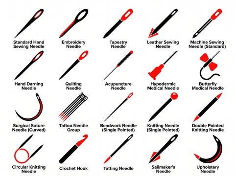 Collection of black and red various needle types and their uses on white background.