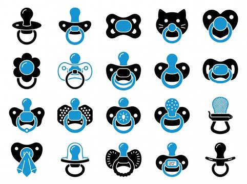 Collection of baby pacifier designs in black and blue for graphics.