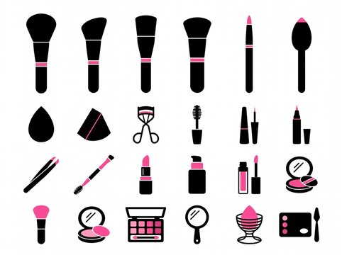 Collection of cosmetic tools and makeup products including various brushes, lipstick, mascara, and a beauty sponge.