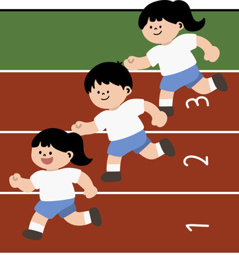 Cute Relay Race Vector Illustration - Athletes Running on Track Lanes for Autumn School Sports Day