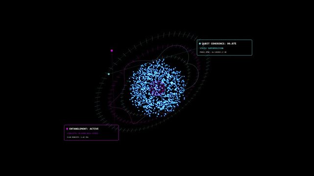 Seamless 4K 60FPS 3D animation of a pulsating quantum particle core surrounded by concentric holographic orbital rings and floating telemetry data on a pure black background.