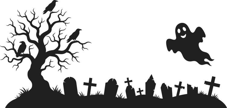 Silhouette of a spooky graveyard with a bare tree, crows, and a ghost