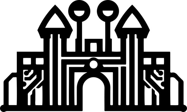 Stylized castle or fortress architecture integrated with circuit board traces icon vector design