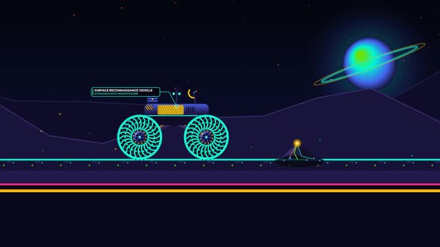 2D animation explaining the mechanics of an airless non-pneumatic wheel on a space reconnaissance vehicle traversing rugged extraterrestrial terrain compared to a conventional tire failure