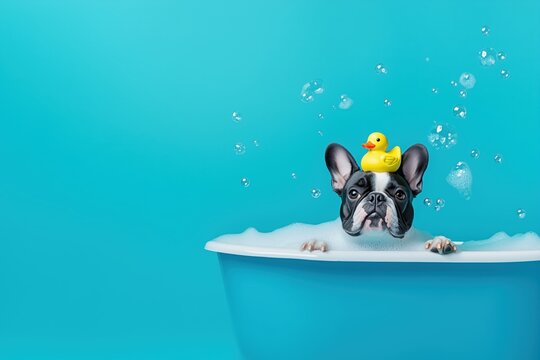 playful dog in a bathtub with rubber duck