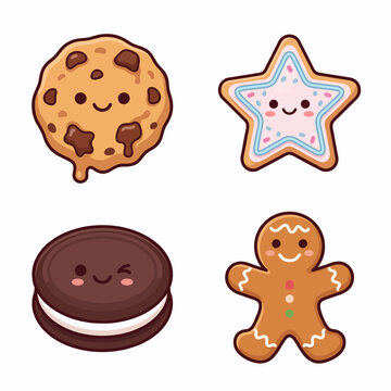 Cute Vector Cookie Set: Kawaii Star, Chip, and Gingerbread Treats