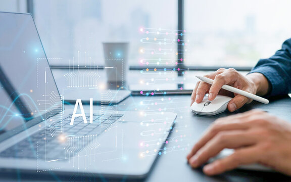 Artificial Intelligence Digital Interface and Data Analysis on Laptop in Professional Workspace