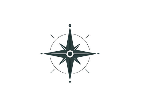 Minimal compass rose symbol representing navigation, direction, travel and strategic decision making, isolated on a clean white background with generous copy space.