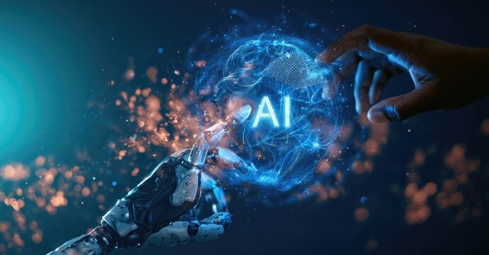 AI Robot Hands Interacting with Digital Intelligence Sphere.