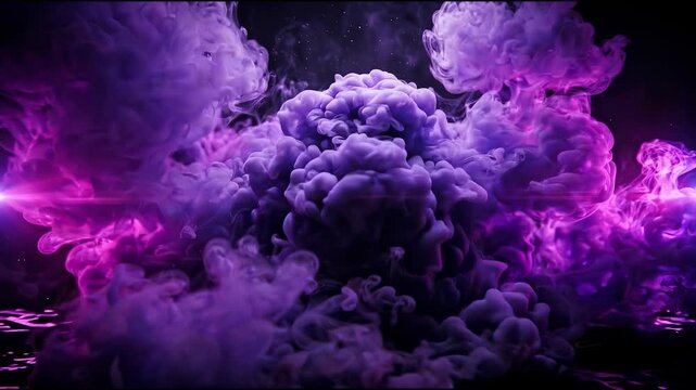 Billowing amethyst vapor with against a midnight black setting, cinematic visual effect for mystery, atmosphere and creativity