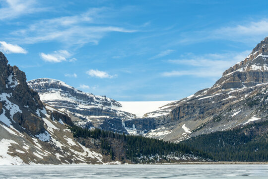 Frozen Bow lake and glacier in Banff National Park in Canada