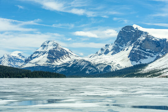 Frozen Bow lake and snow capped mountains in Banff National Park