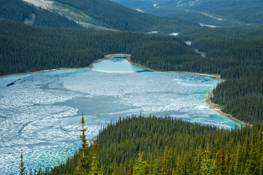 Peyto Lake frozen turquoise water in Banff National Park in Canada