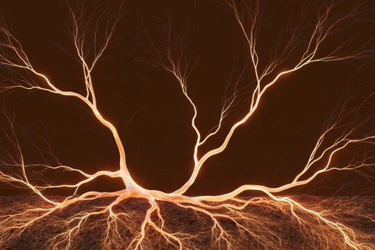 Glowing golden root system spreading across dark soil, abstract organic network with intricate branching patterns and warm ambient light