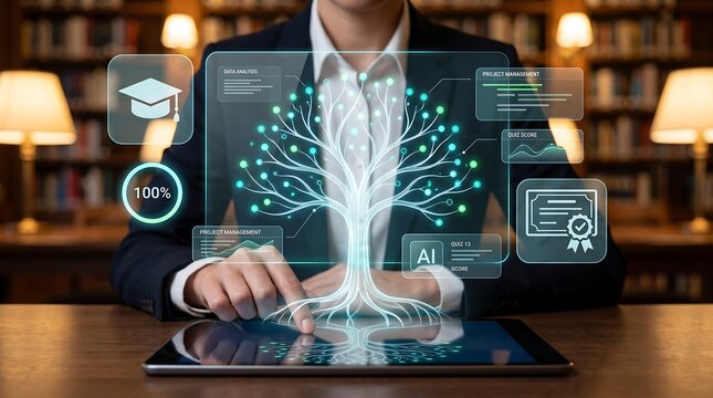 Artificial intelligence learning technology showing holographic knowledge networks, academic analytics, quiz performance, and project management