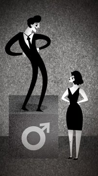 happy man representing patriarchy standing above a podium while woman looks at him with contempt