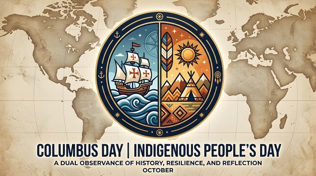 Graphic illustration for columbus day and indigenous peoples day featuring a split circle design with a ship and native symbols over a world map background