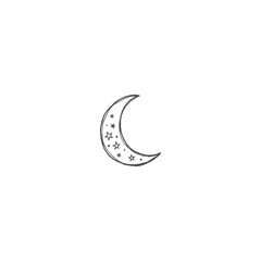 Crescent moon hand drawn outline sketch decorated with small stars on transparent background representing night sky astronomical body for nursery design elements. © Shadii